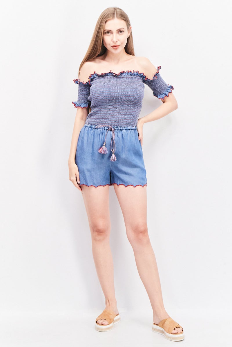 Juicy Couture Women Off Shoulder Textured Playsuit, Blue - Image 4